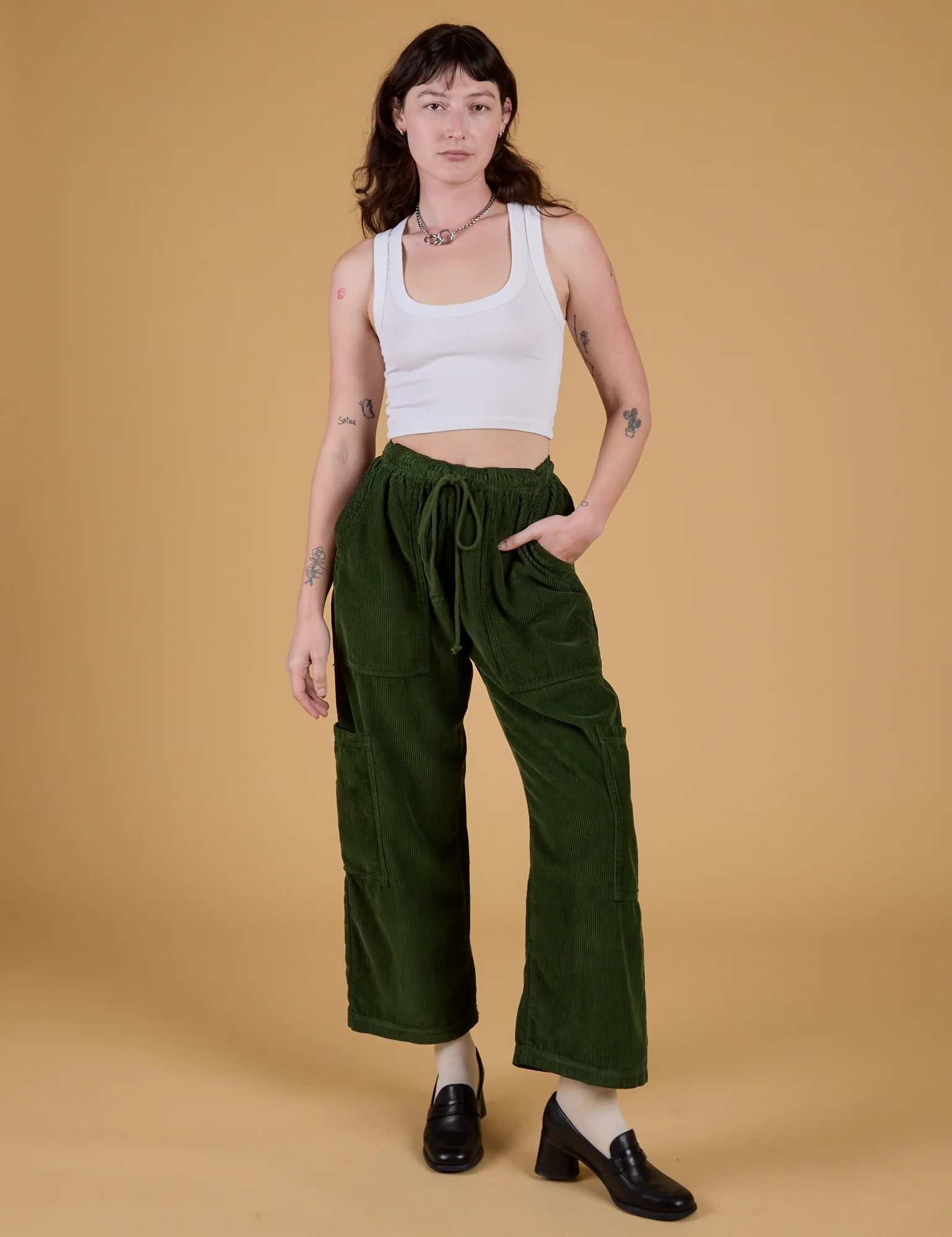 Corduroy Drop Pocket Cargo Pants - Evergreen