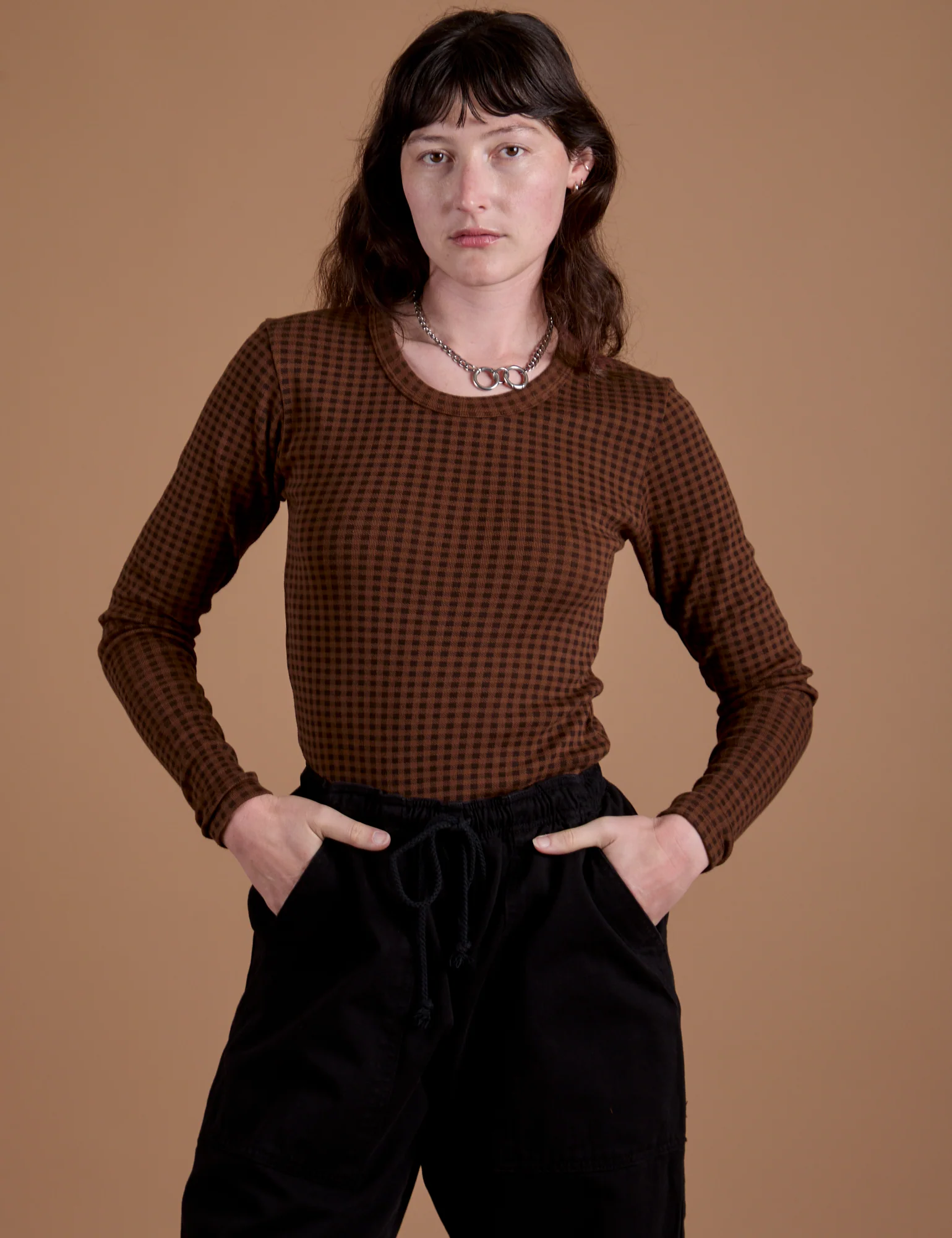 Gingham Long Sleeve Baby Tee - Fudgesicle Brown *FINAL SALE*