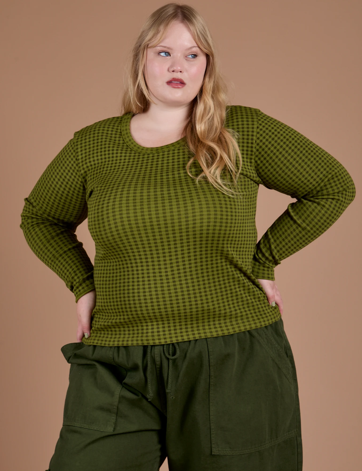 Gingham Long Sleeve Baby Tee - Summer Olive *FINAL SALE*