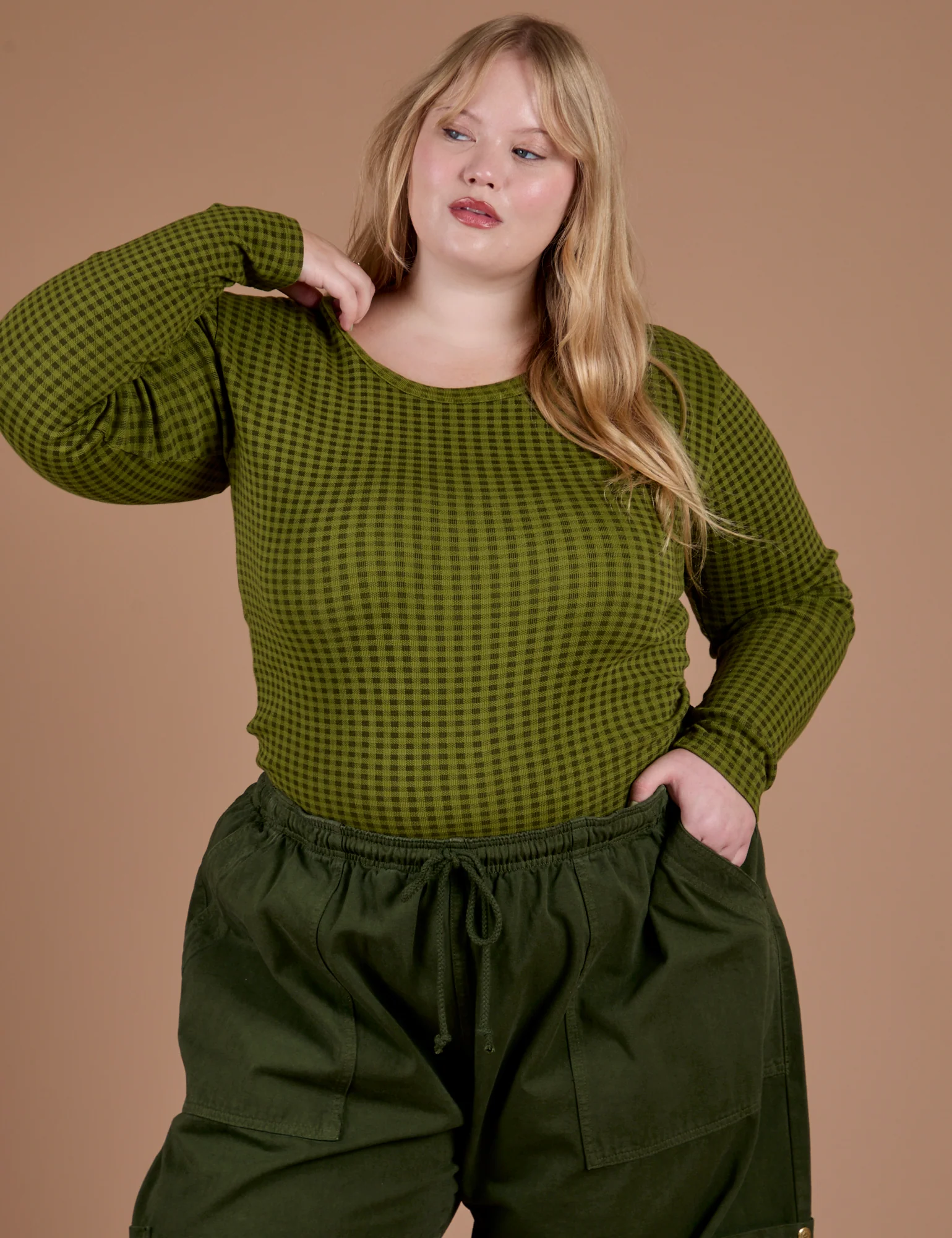Gingham Long Sleeve Baby Tee - Summer Olive *FINAL SALE* - Image 5